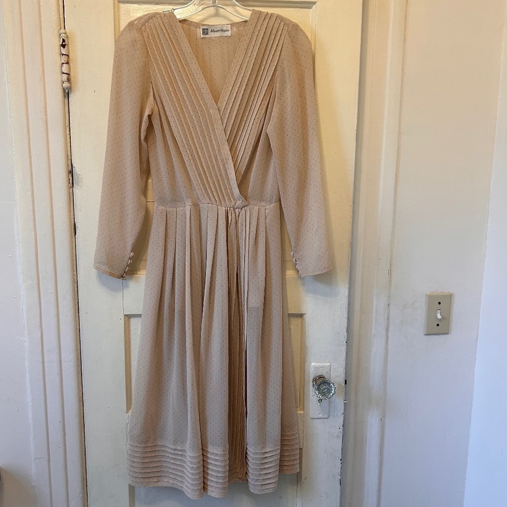 Vintage Albert Nippon Women’s Cream Nearly Sheer Pleated Dress Dots Sz Sml